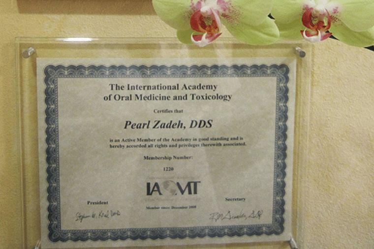 Dr. Pearl Zadeh's IAOMT active-membership certificate