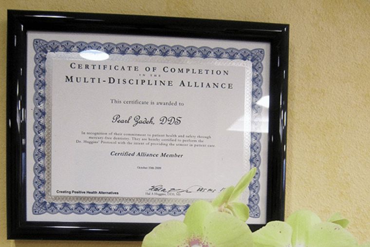 Dr. Pearl Zadeh's Huggins Multi-Discipline Alliance certificate